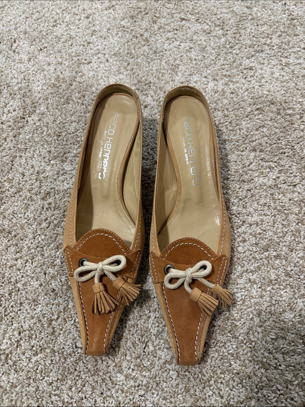 Tan Leather Pointed Toe Tassel Mules